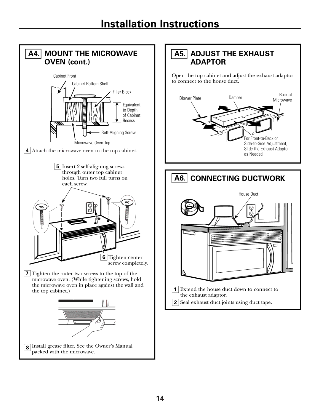 GE Over the Range Instructions Microwave Oven manual A4. Mount the Microwave Oven, A5. Adjust the Exhaust Adaptor 