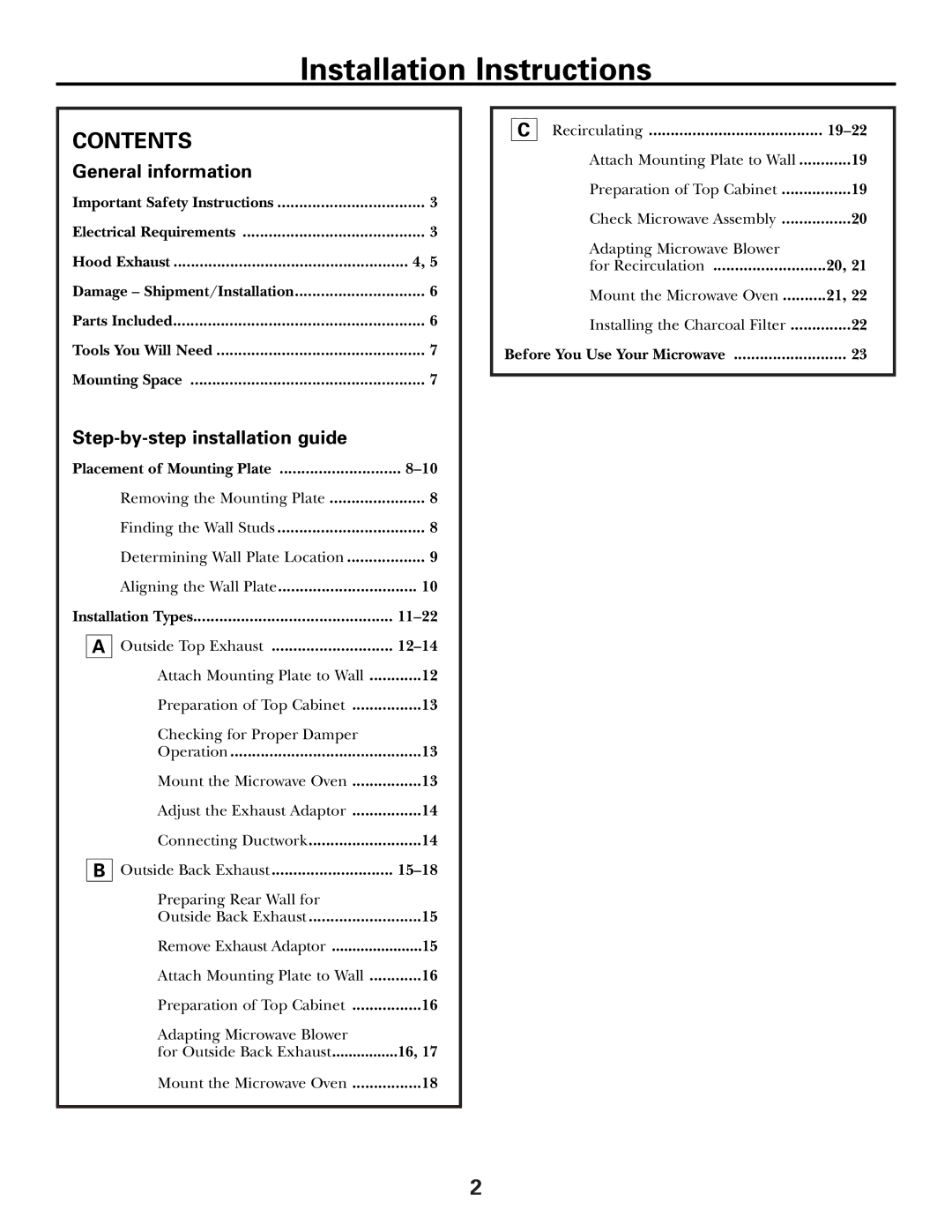 GE Over the Range Instructions Microwave Oven manual Installation Instructions, Contents 