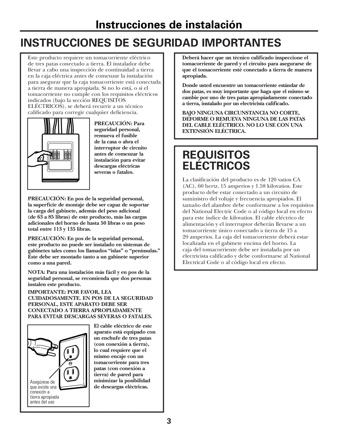 GE Over the Range Instructions Microwave Oven manual Instrucciones DE Seguridad Importantes, Requisitos Eléctricos 