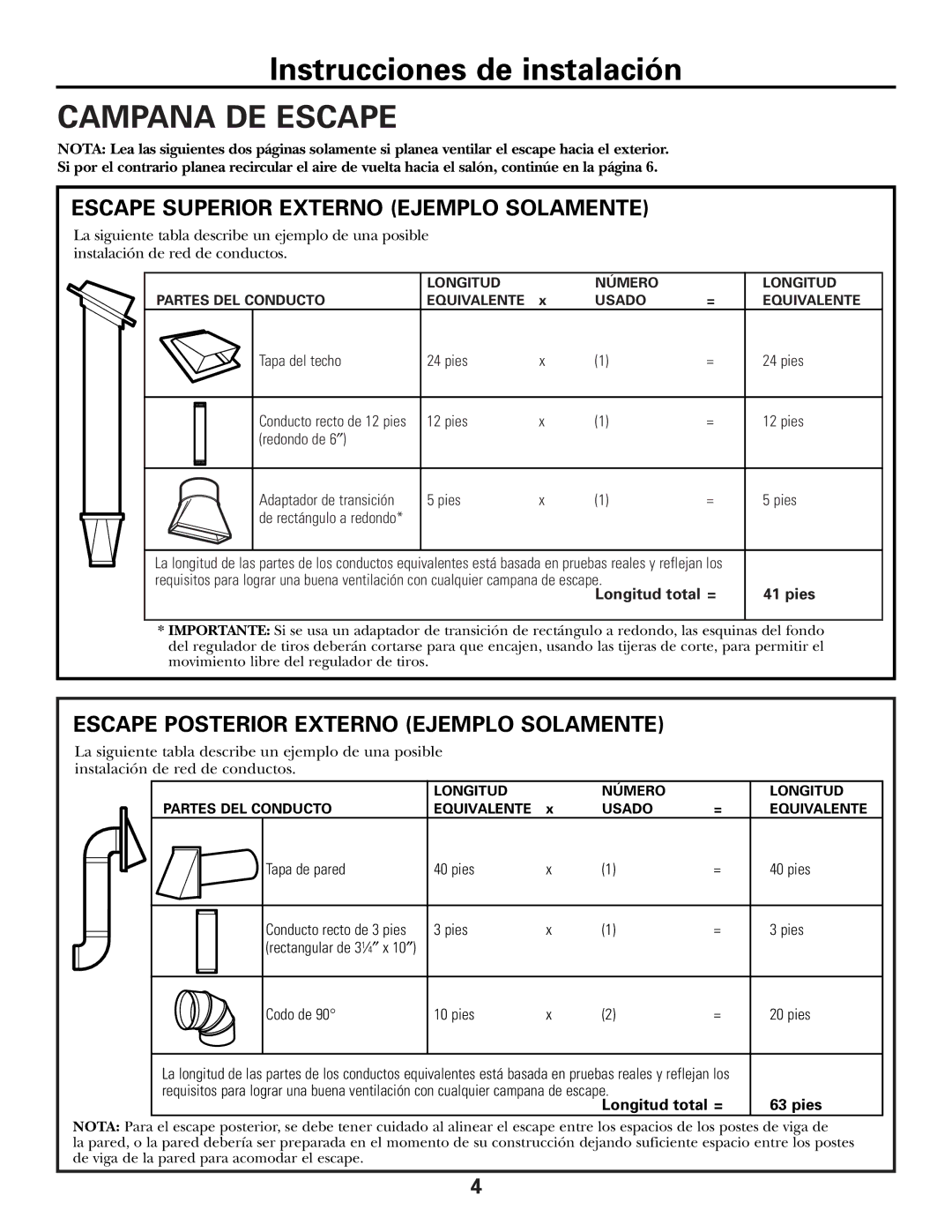 GE Over the Range Instructions Microwave Oven manual Campana DE Escape, Escape Superior Externo Ejemplo Solamente 