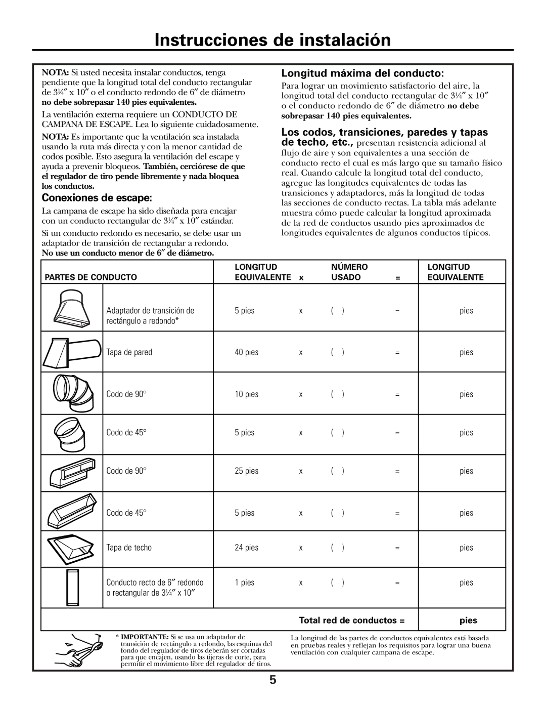 GE Over the Range Instructions Microwave Oven manual Conexiones de escape, Longitud máxima del conducto 