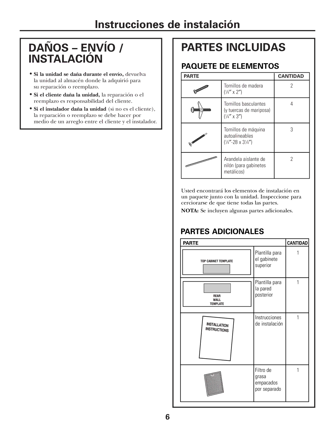 GE Over the Range Instructions Microwave Oven manual Daños Envío Instalación, Partes Incluidas, Paquete DE Elementos 