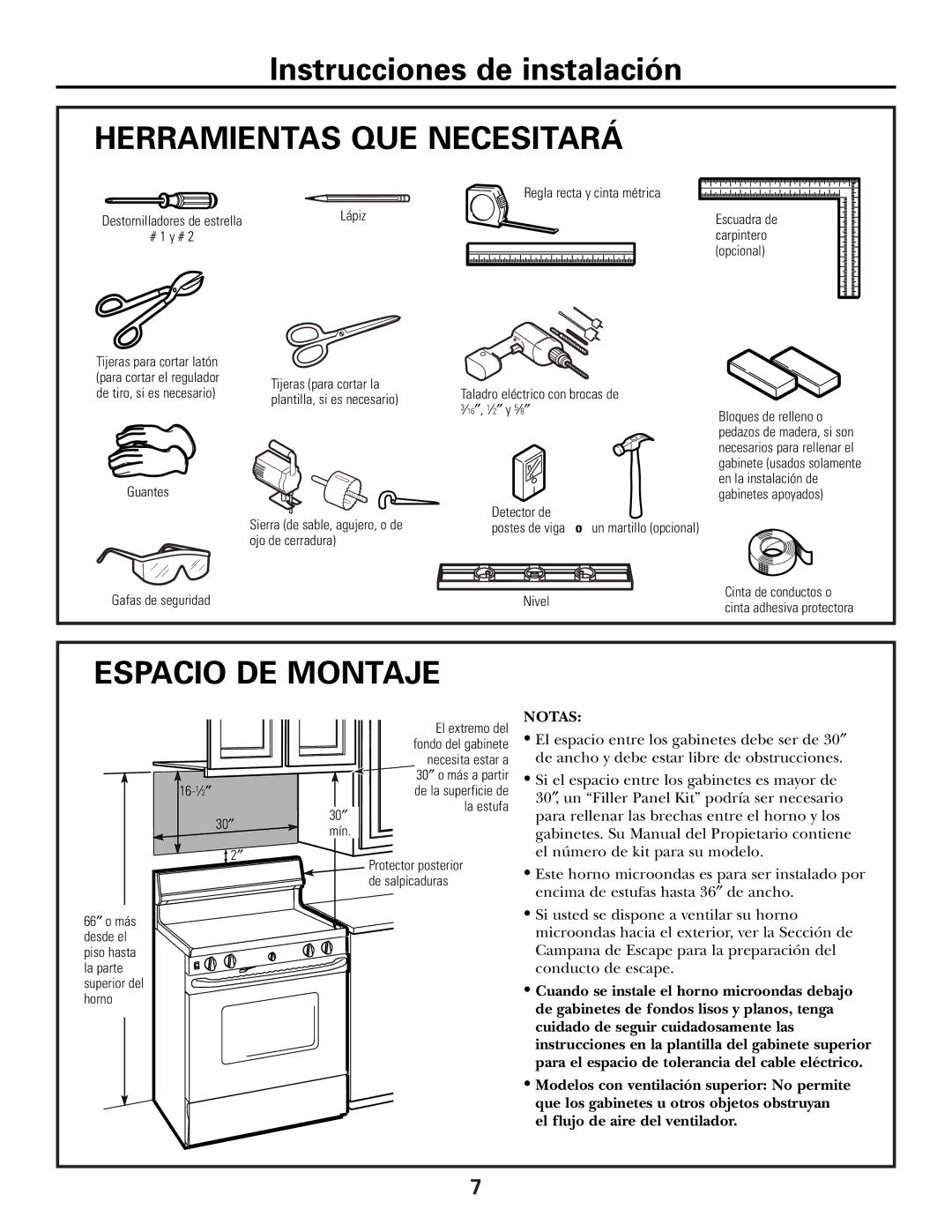 GE Over the Range Instructions Microwave Oven manual Herramientas QUE Necesitará, Espacio DE Montaje 