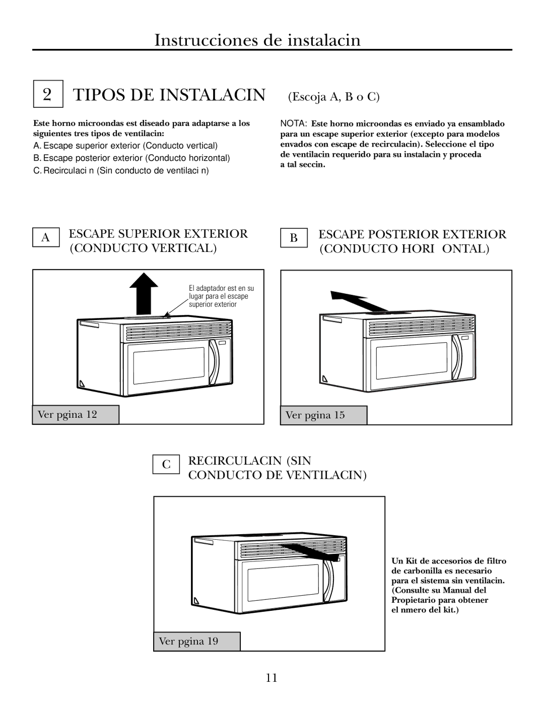 GE Over the Range Instructions Microwave Oven manual Escape Superior Exterior Conducto Vertical, Ver página 