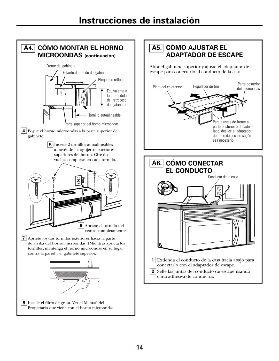 GE Over the Range Instructions Microwave Oven manual A4. Cómo Montar EL Horno, A6. Cómo Conectar EL Conducto 