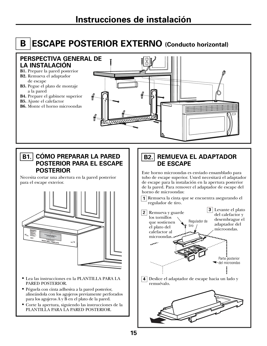 GE Over the Range Instructions Microwave Oven Perspectiva General DE LA Instalación, B2. Remueva EL Adaptador DE Escape 