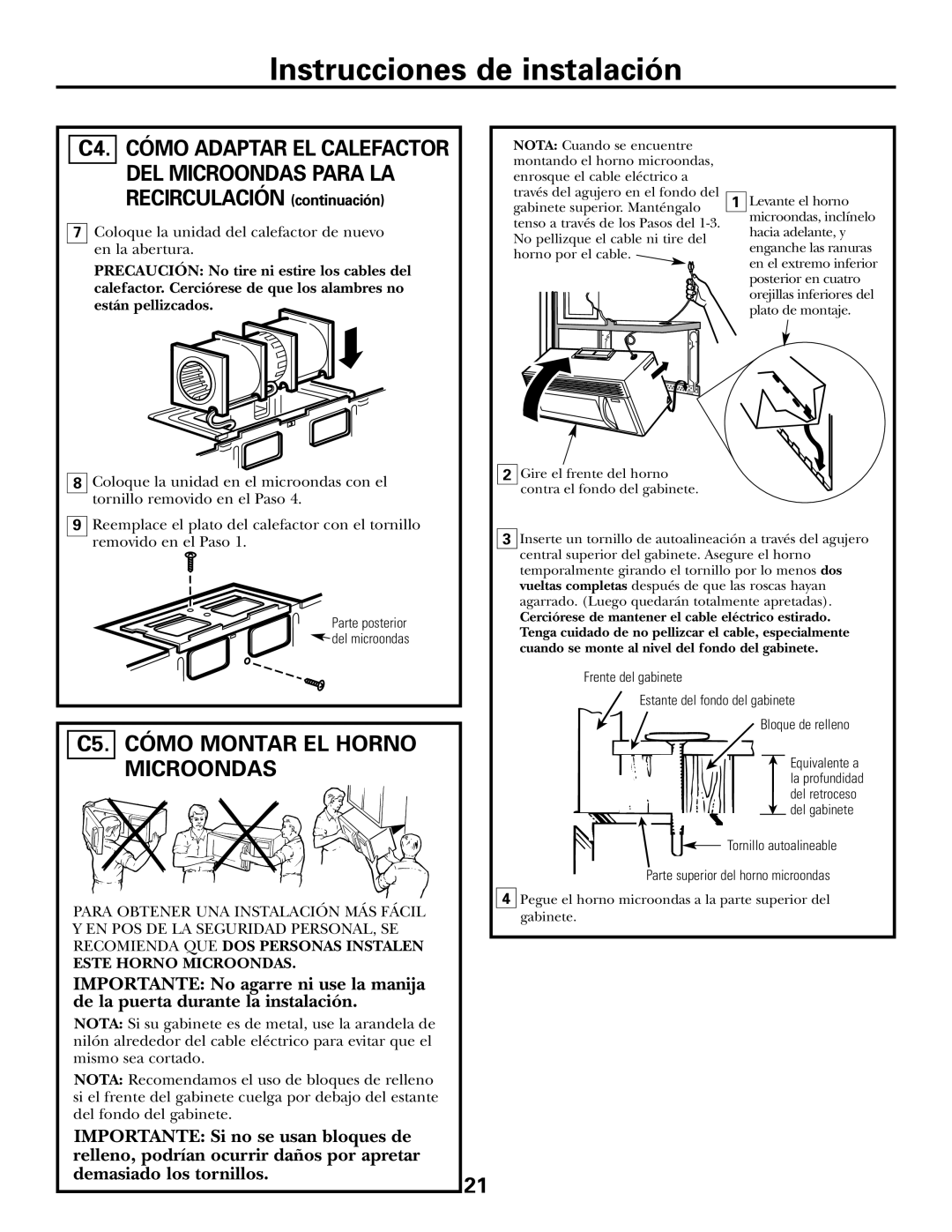 GE Over the Range Instructions Microwave Oven manual DEL Microondas Para LA, Recirculación continuación 