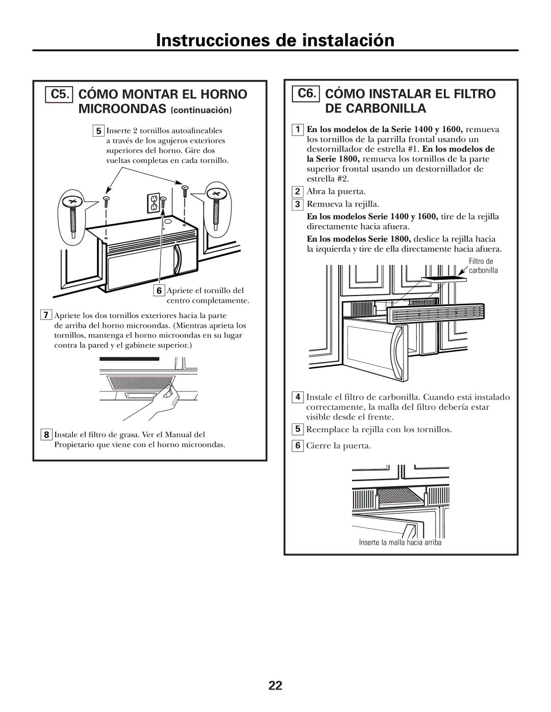 GE Over the Range Instructions Microwave Oven manual C5. Cómo Montar EL Horno, C6. Cómo Instalar EL Filtro DE Carbonilla 