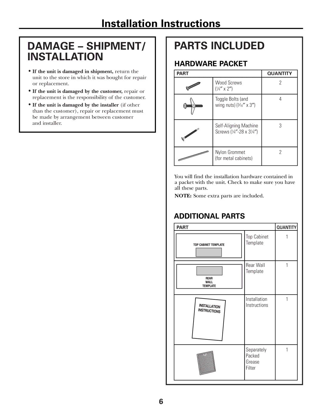 GE Over the Range Instructions Microwave Oven manual Damage SHIPMENT/ Installation, Parts Included, Hardware Packet 