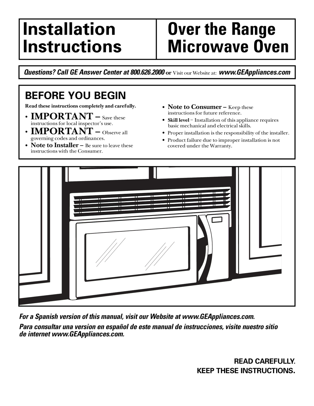 GE Over the Range Microwave Oven manual Before YOU Begin, Read Carefully Keep These Instructions 