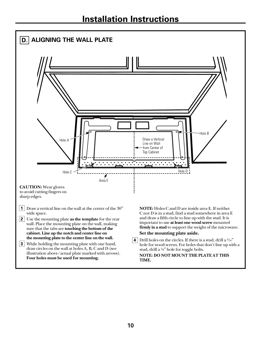 GE Over the Range Microwave Oven manual Aligning the Wall Plate, Set the mounting plate aside 