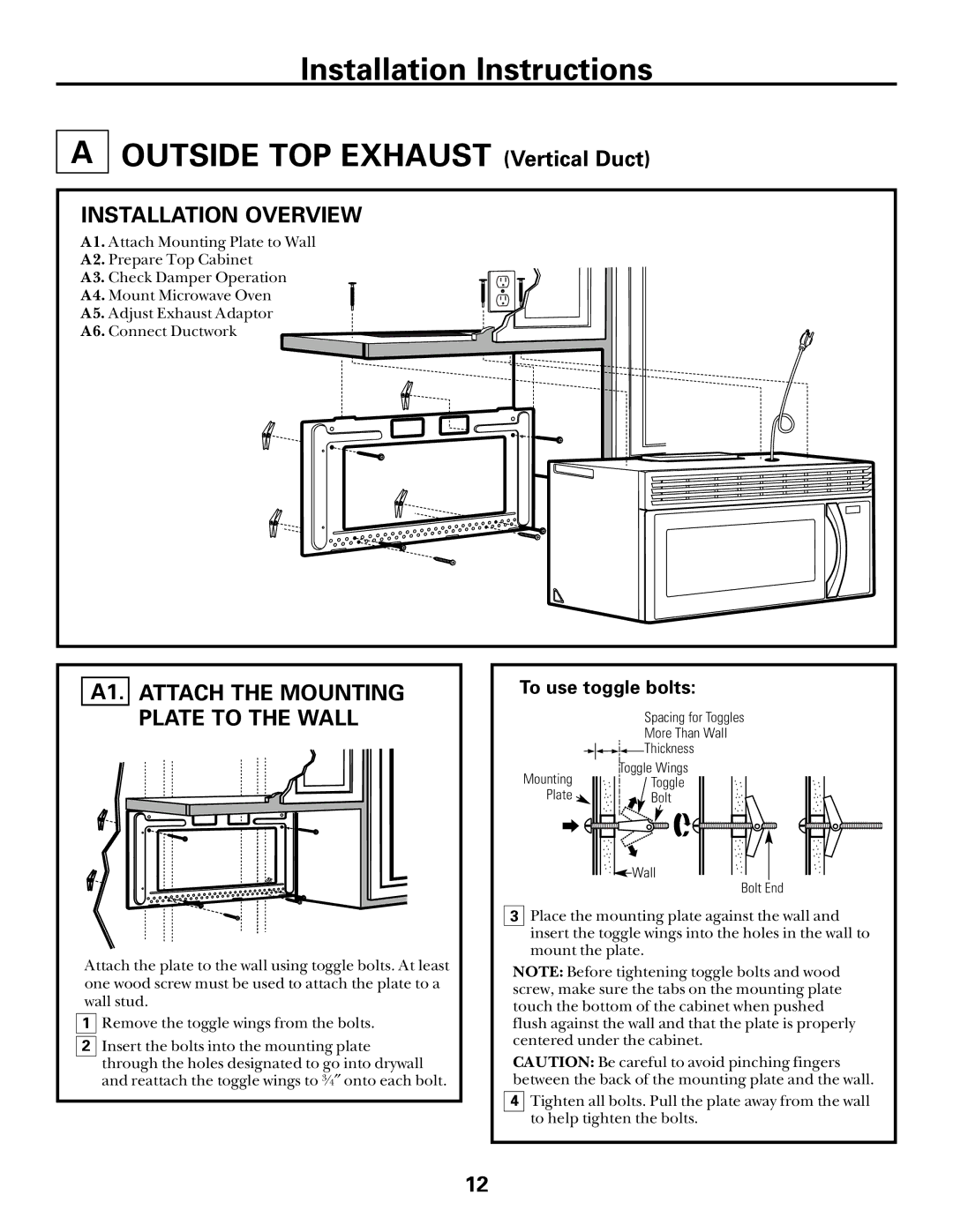 GE Over the Range Microwave Oven Installation Overview, A1. Attach the Mounting Plate to the Wall, To use toggle bolts 