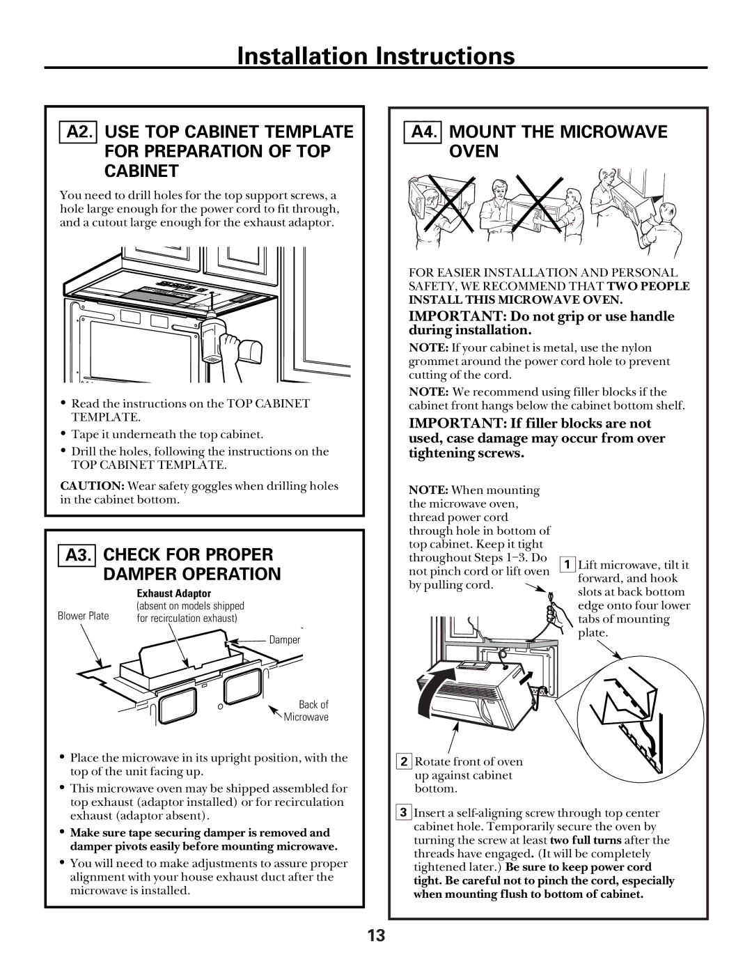 GE Over the Range Microwave Oven A4. Mount the Microwave Oven, A2. USE TOP Cabinet Template for Preparation of TOP Cabinet 