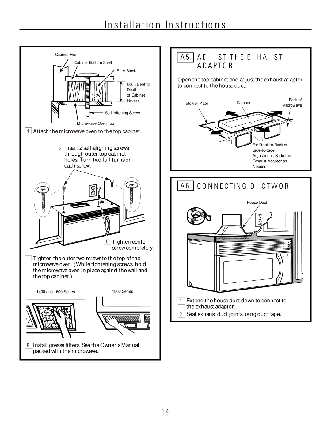 GE Over the Range Microwave Oven manual A5. Adjust the Exhaust Adaptor, A6. Connecting Ductwork 