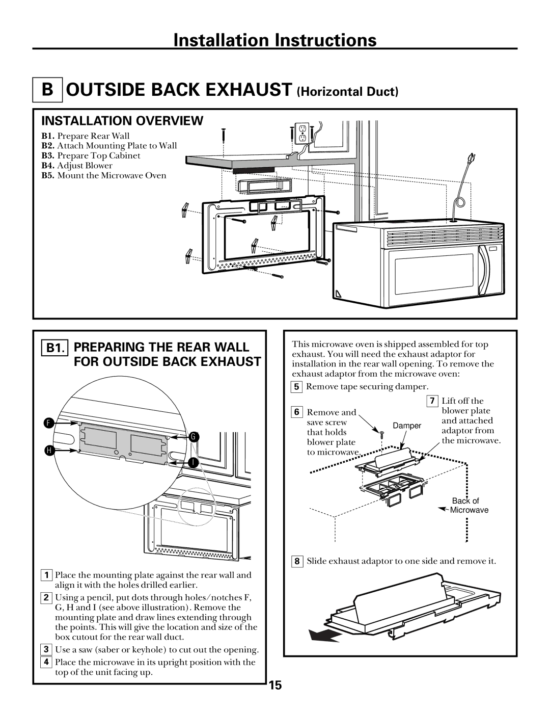 GE Over the Range Microwave Oven manual Outside Back Exhaust Horizontal Duct 