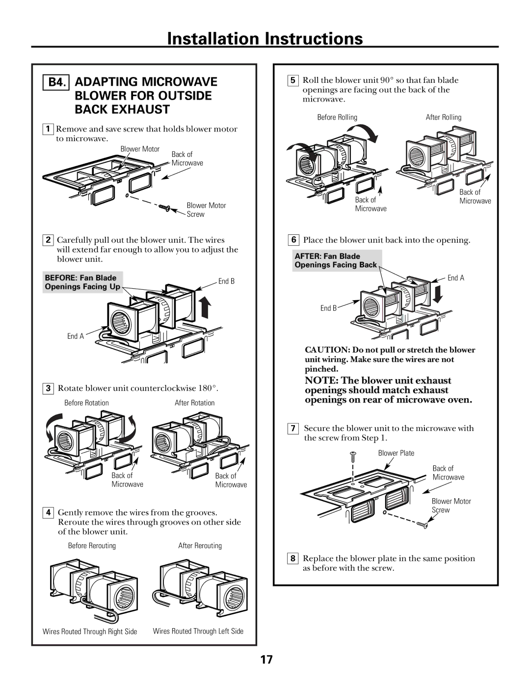 GE Over the Range Microwave Oven manual B4. Adapting Microwave Blower for Outside Back Exhaust 