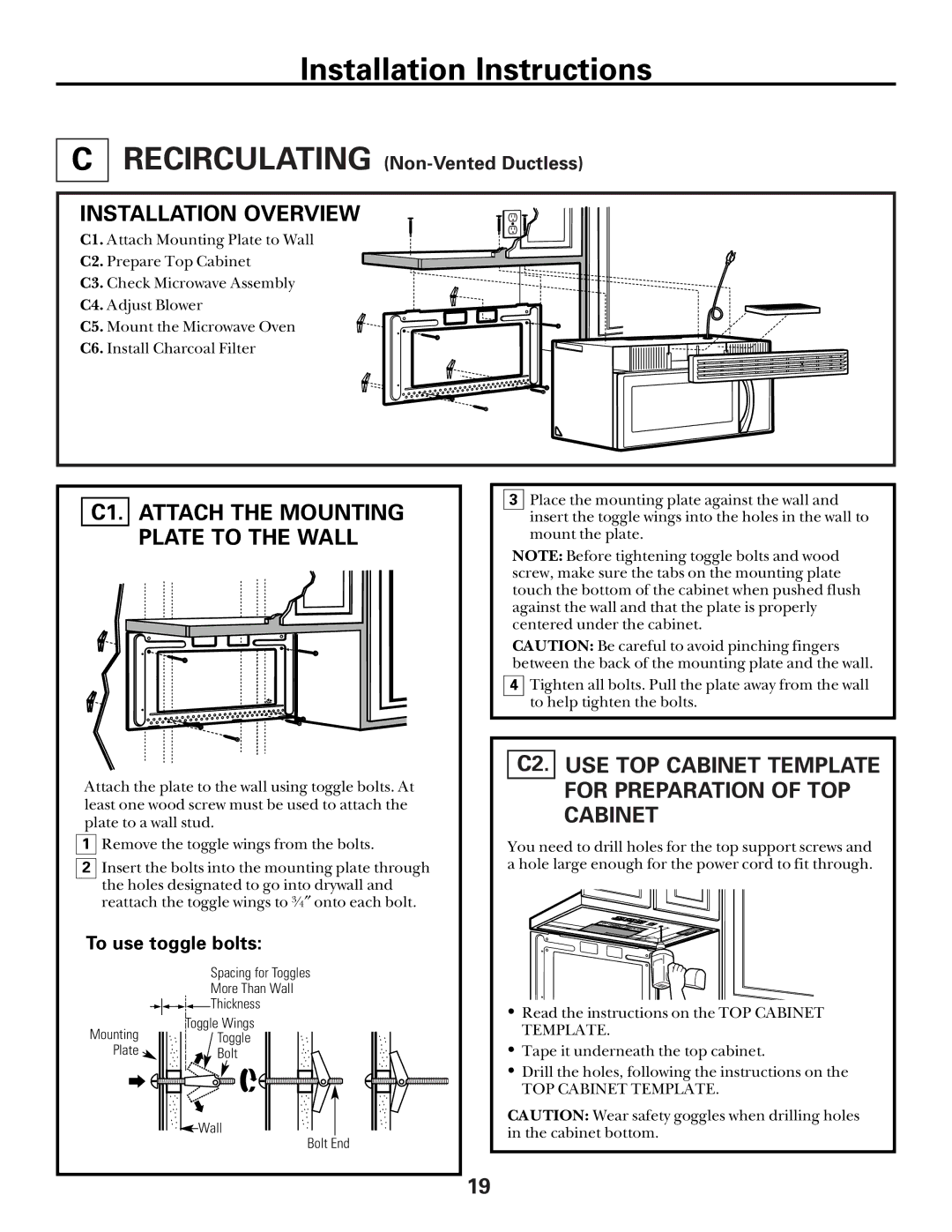 GE Over the Range Microwave Oven manual C1. Attach the Mounting Plate to the Wall, Recirculating Non-Vented Ductless 