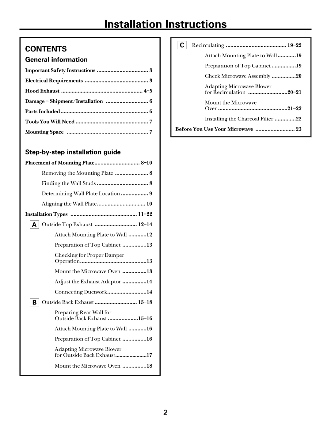 GE Over the Range Microwave Oven manual Installation Instructions, Contents 