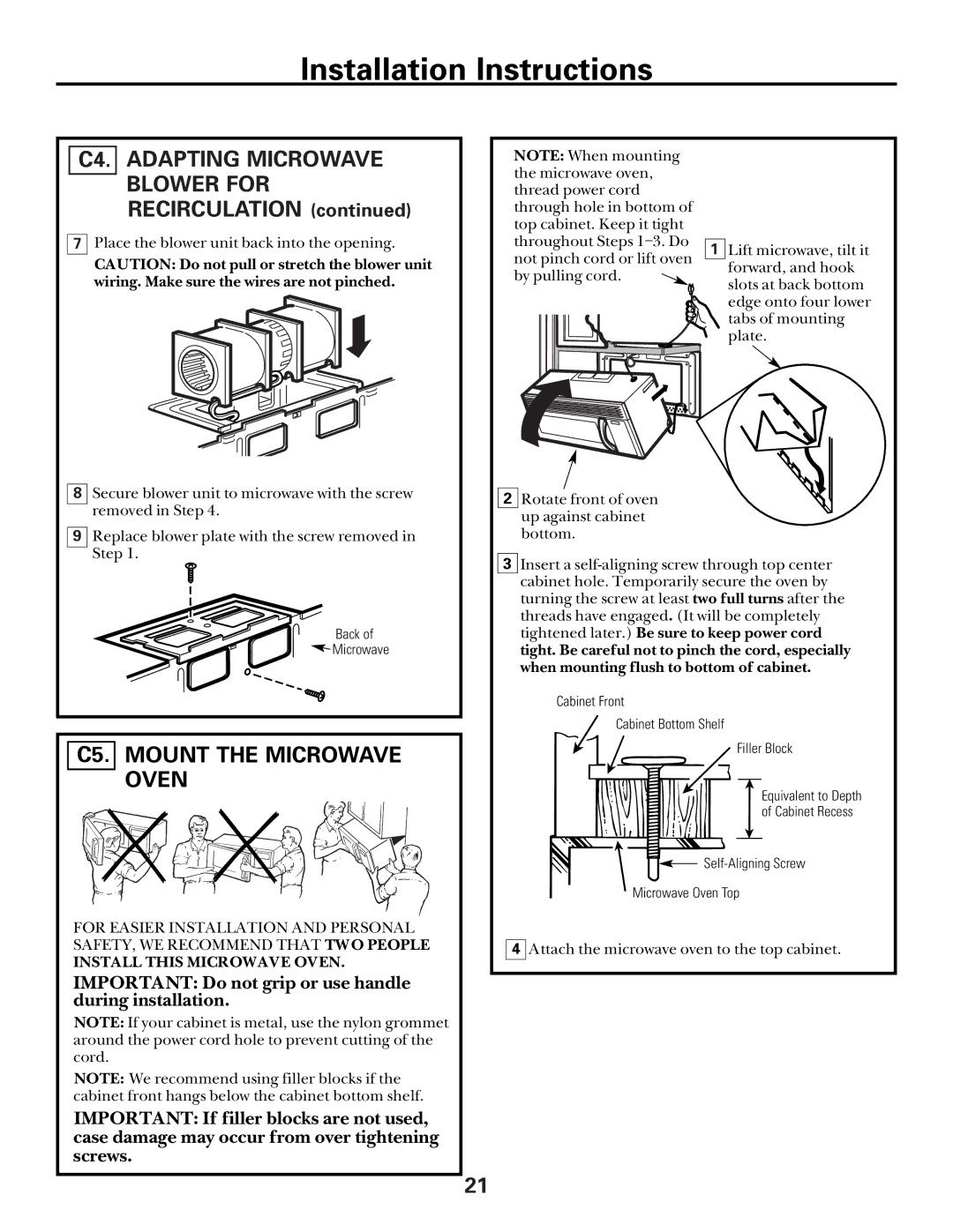 GE Over the Range Microwave Oven manual C4. Adapting Microwave Blower for Recirculation, C5. Mount the Microwave Oven 