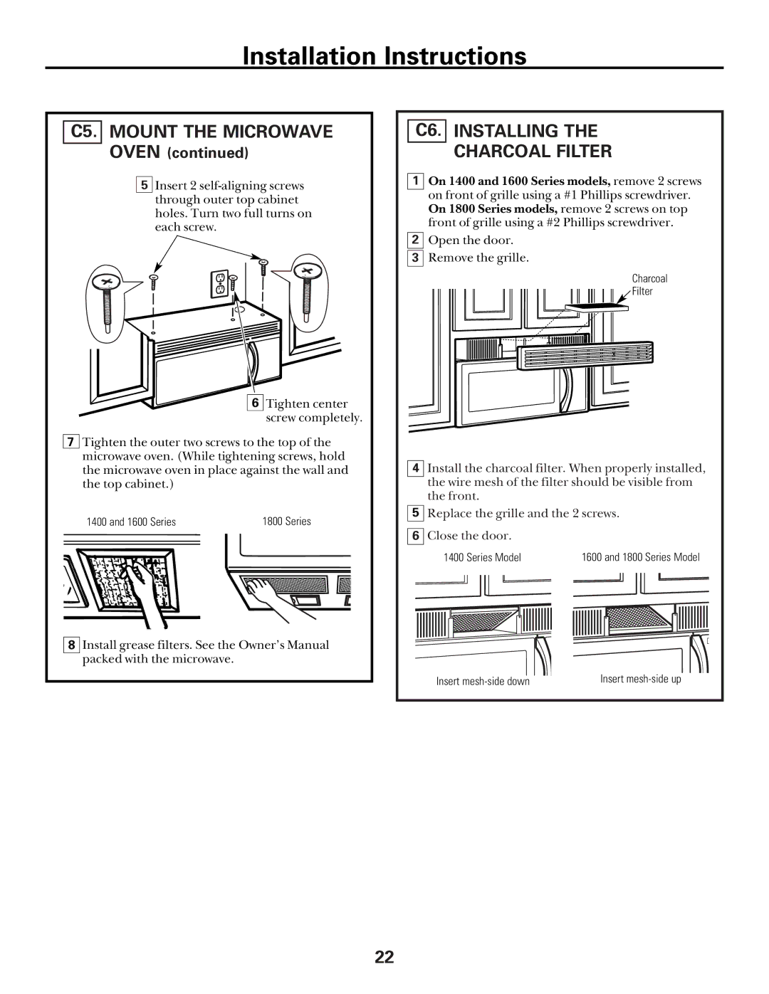 GE Over the Range Microwave Oven manual C5. Mount the Microwave, C6. Installing Charcoal Filter 