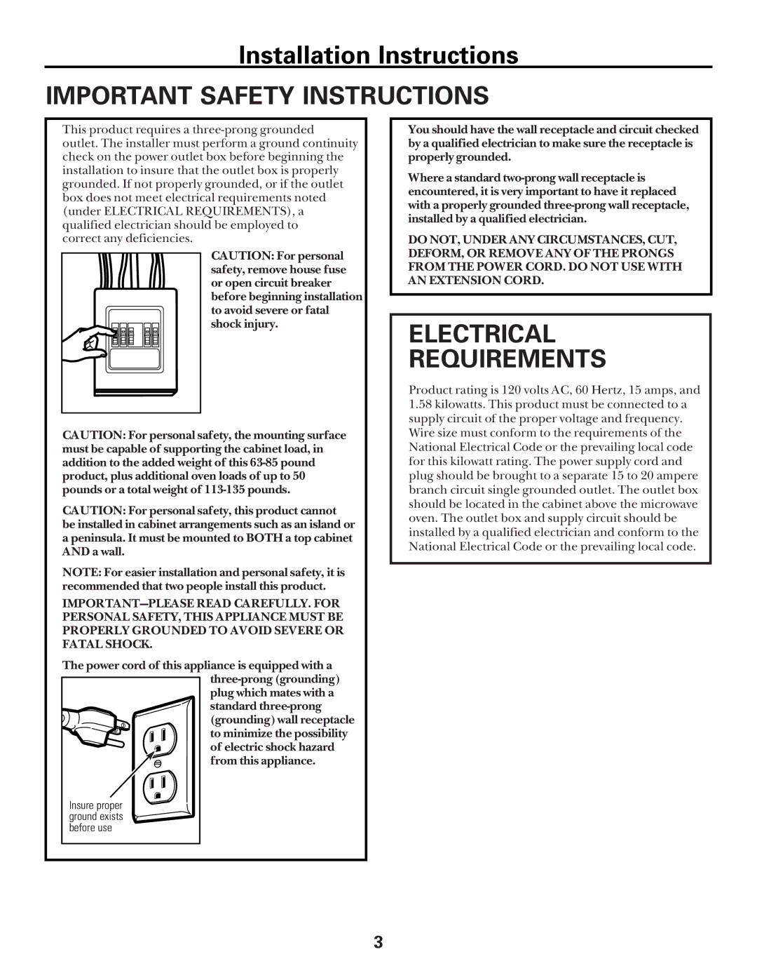 GE Over the Range Microwave Oven manual Important Safety Instructions, Electrical Requirements 