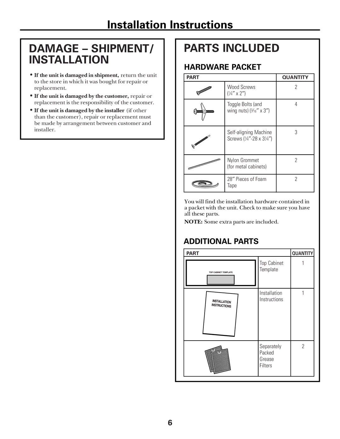 GE Over the Range Microwave Oven manual Damage SHIPMENT/ Installation, Parts Included, Hardware Packet, Additional Parts 