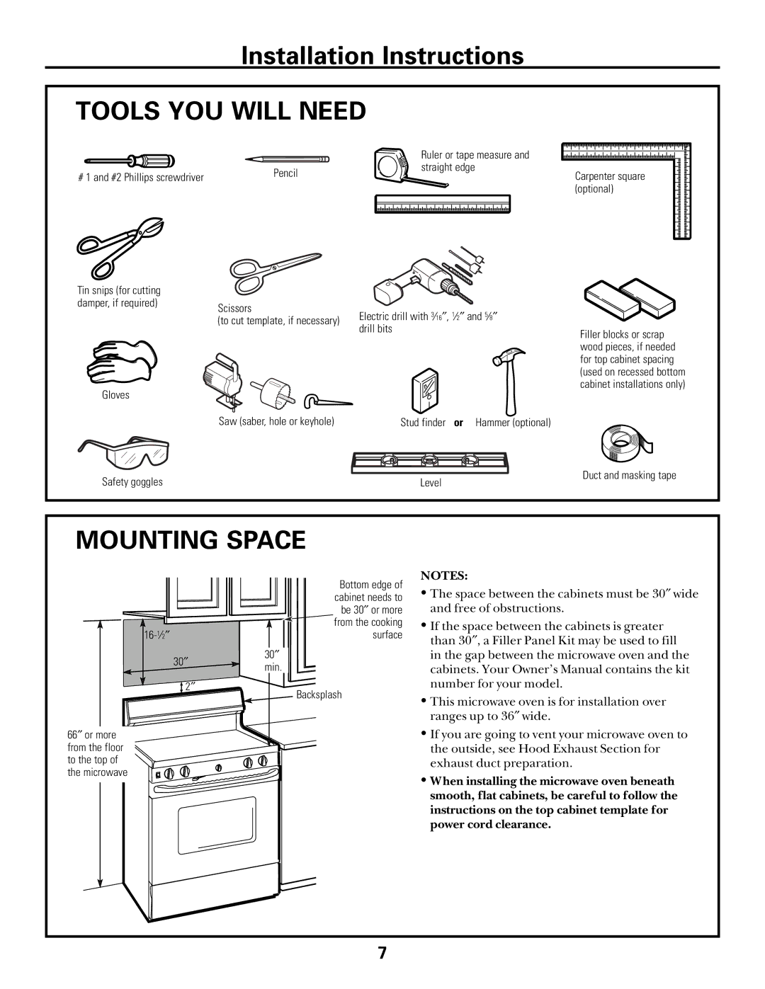 GE Over the Range Microwave Oven manual Tools YOU will Need, Mounting Space 