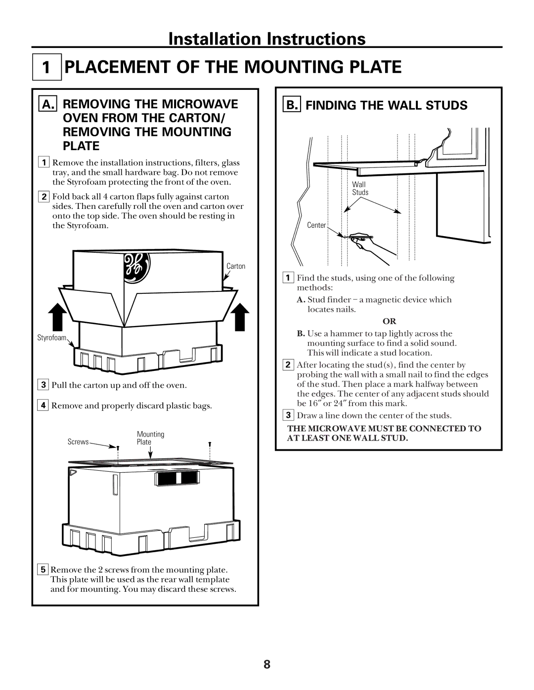 GE Over the Range Microwave Oven manual Placement of the Mounting Plate, Finding the Wall Studs 