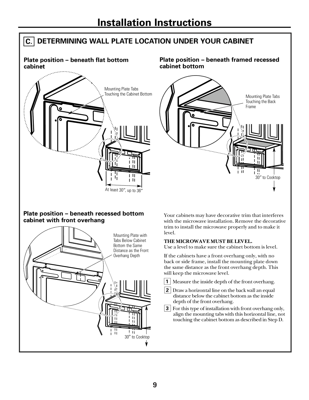 GE Over the Range Microwave Oven manual Determining Wall Plate Location Under Your Cabinet, Microwave Must be Level 