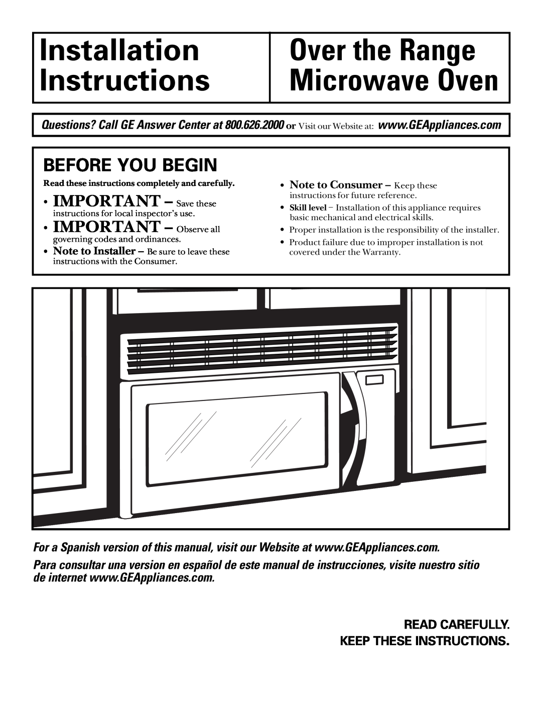 GE Over the Range Microwave Oven manual Before You Begin, Read Carefully Keep These Instructions, IMPORTANT - Save these 