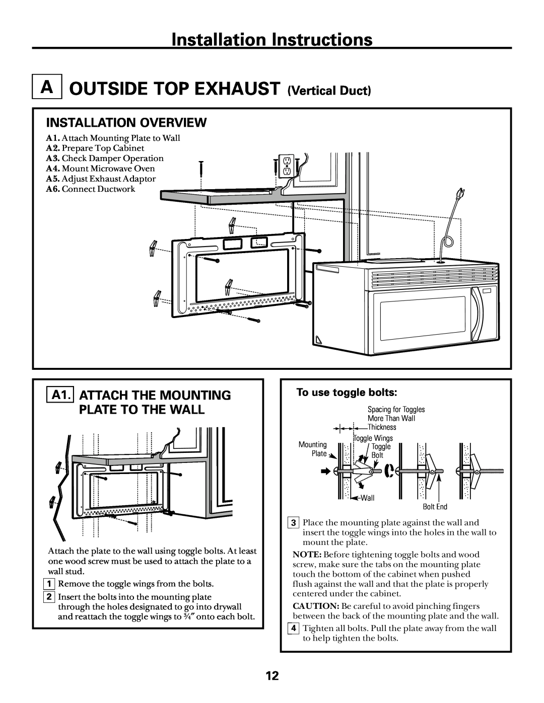 GE Over the Range Microwave Oven manual OUTSIDE TOP EXHAUST Vertical Duct, Installation Overview, To use toggle bolts 