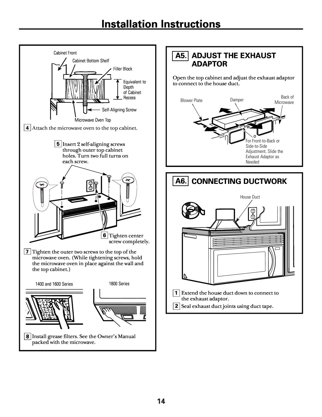 GE Over the Range Microwave Oven manual A5. ADJUST THE EXHAUST ADAPTOR, A6. CONNECTING DUCTWORK, Installation Instructions 