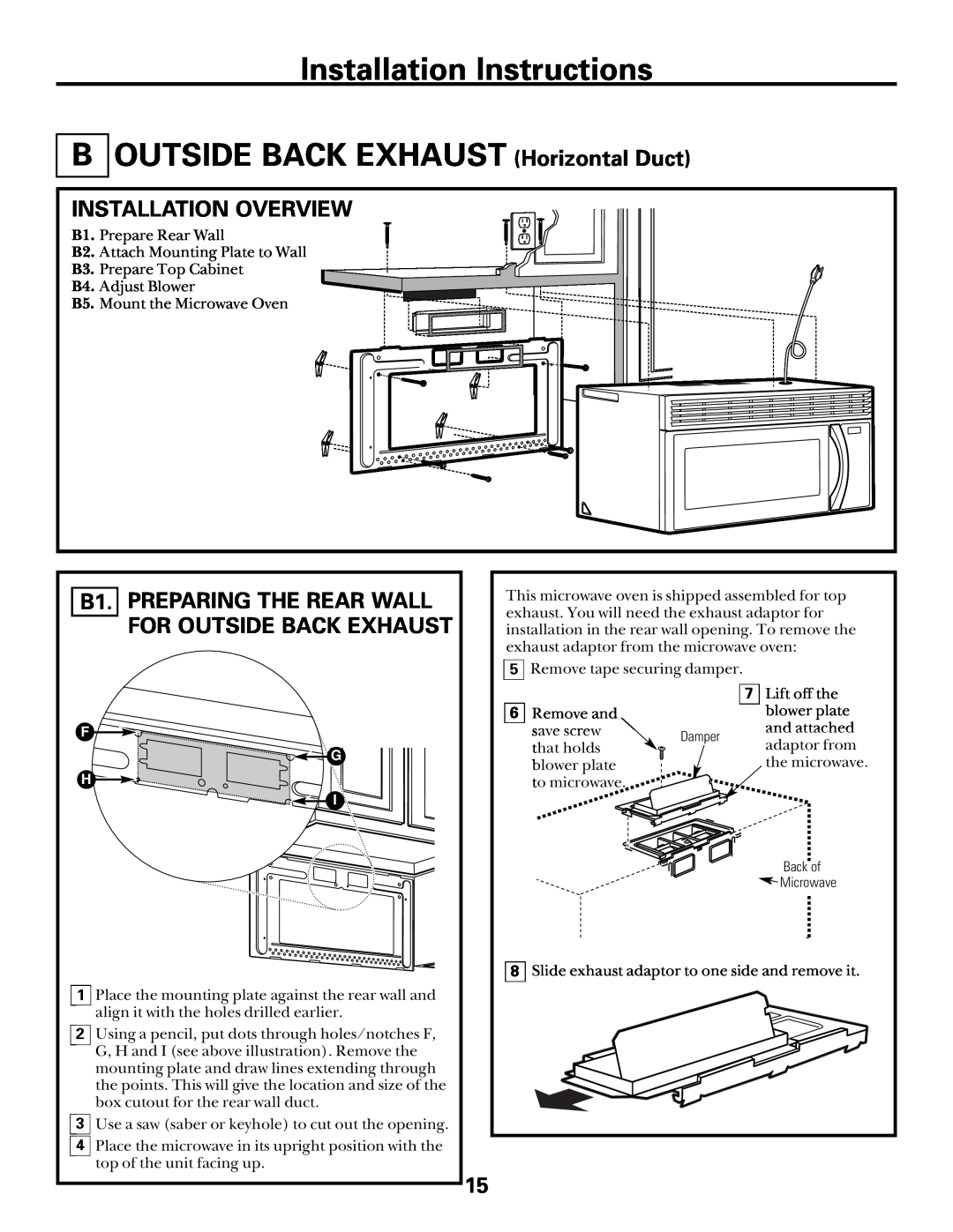 GE Over the Range Microwave Oven manual B1. PREPARING THE REAR WALL FOR OUTSIDE BACK EXHAUST, Installation Instructions 