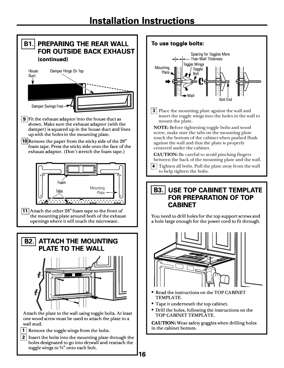 GE Over the Range Microwave Oven manual B2. ATTACH THE MOUNTING PLATE TO THE WALL, continued, Installation Instructions 