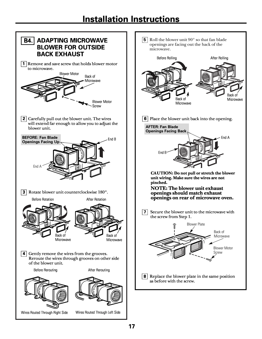 GE Over the Range Microwave Oven manual B4. ADAPTING MICROWAVE BLOWER FOR OUTSIDE BACK EXHAUST, Installation Instructions 