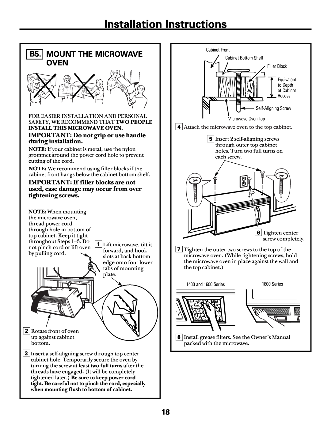 GE Over the Range Microwave Oven manual B5. MOUNT THE MICROWAVE OVEN, Installation Instructions 