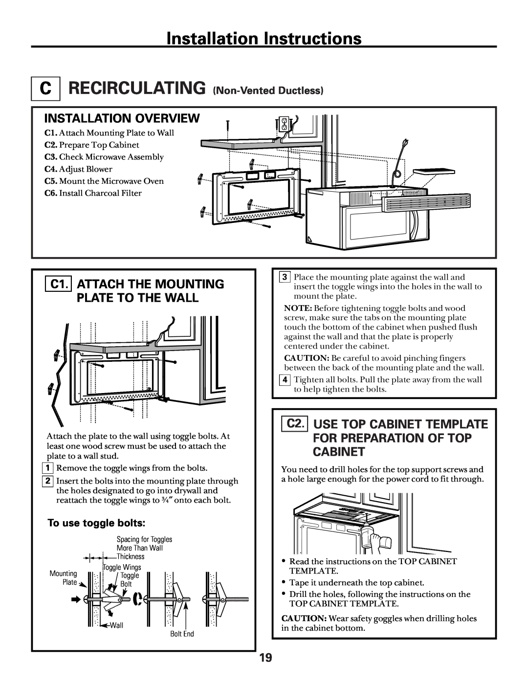 GE Over the Range Microwave Oven manual C1. ATTACH THE MOUNTING PLATE TO THE WALL, RECIRCULATING Non-Vented Ductless 