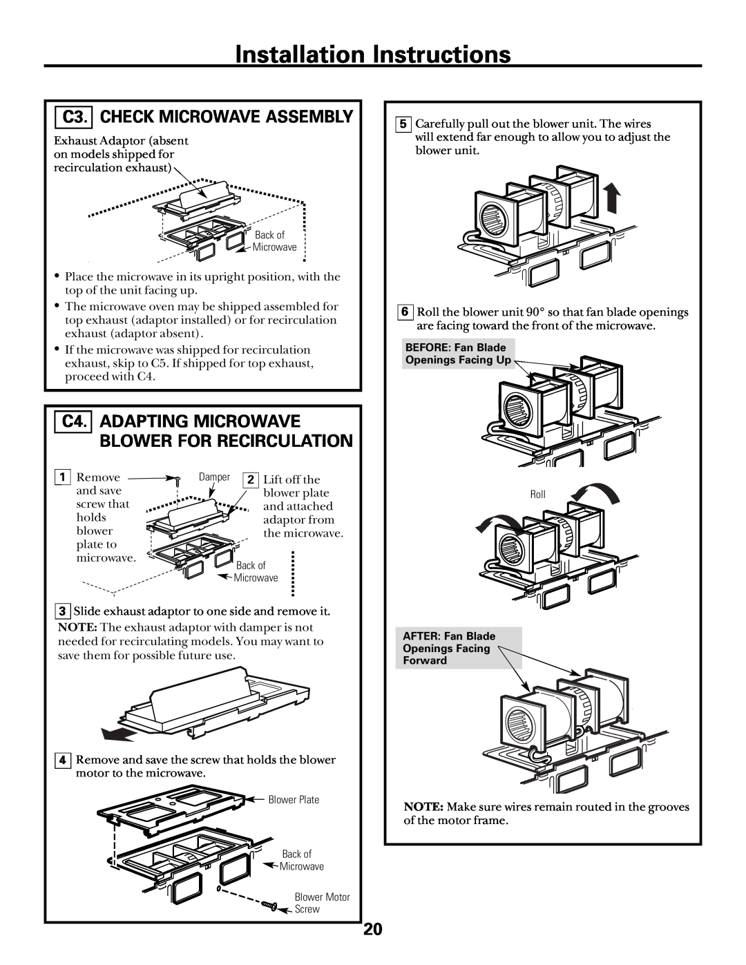 GE Over the Range Microwave Oven manual C3. CHECK MICROWAVE ASSEMBLY, C4. ADAPTING MICROWAVE BLOWER FOR RECIRCULATION 