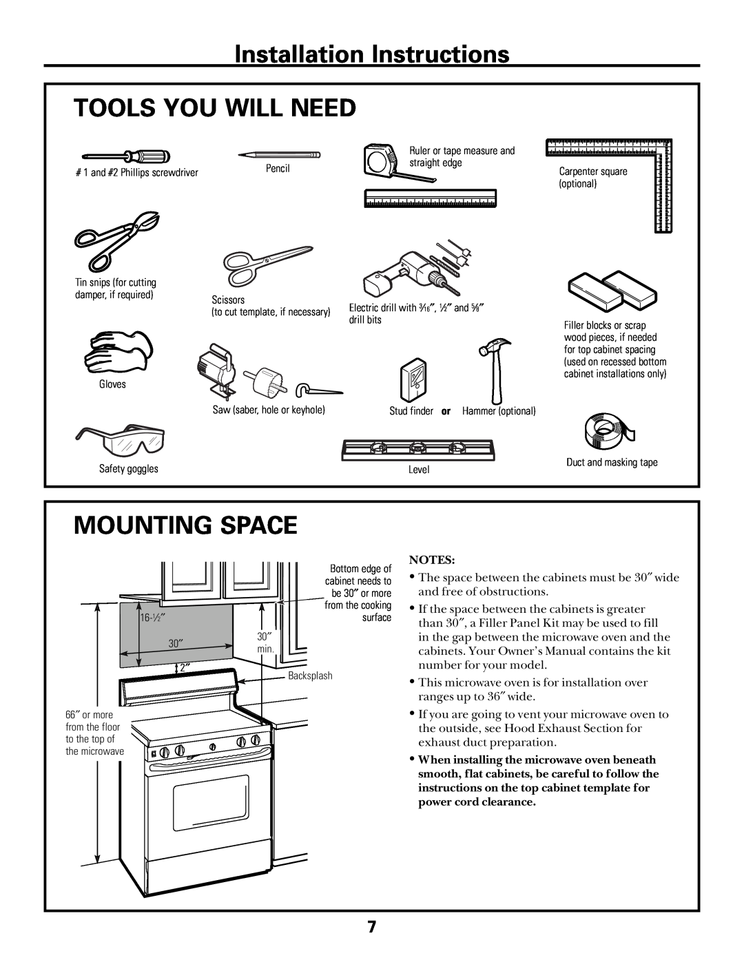 GE Over the Range Microwave Oven manual Installation Instructions TOOLS YOU WILL NEED, Mounting Space 