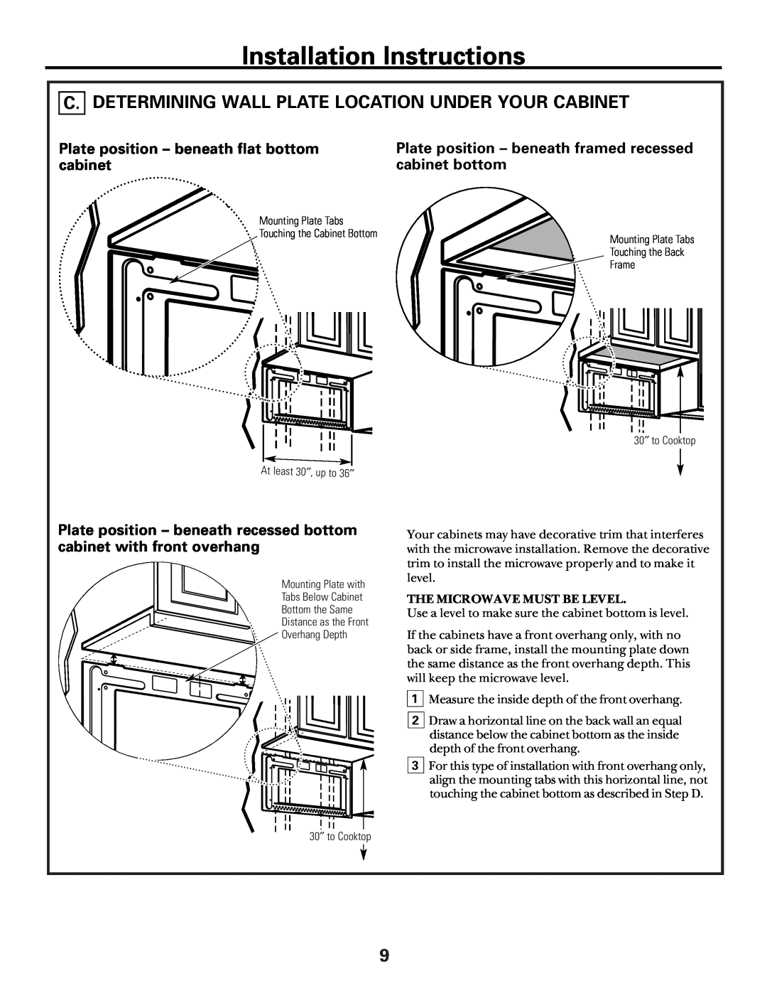 GE Over the Range Microwave Oven manual C. Determining Wall Plate Location Under Your Cabinet, Installation Instructions 