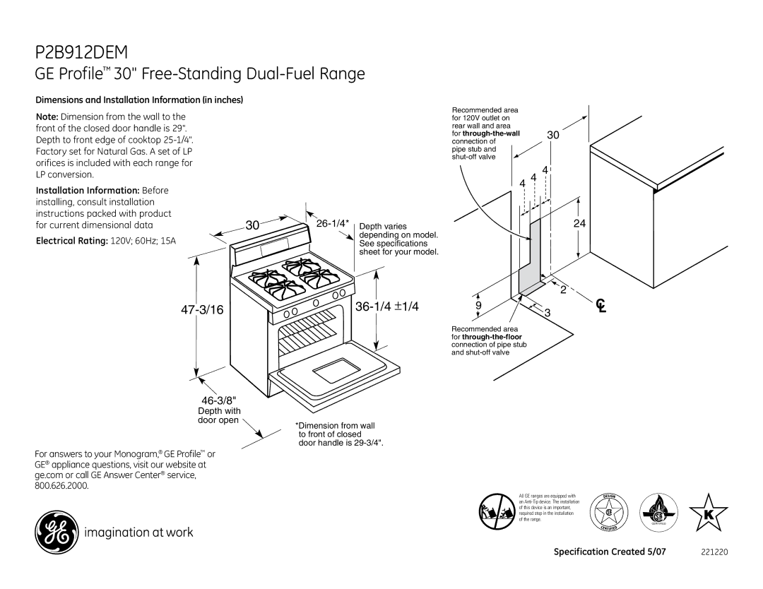 GE P2B912DEM dimensions GE Profile 30 Free-Standing Dual-Fuel Range, 47-3/16, 36-1/4 ±1/4, 46-3/8 