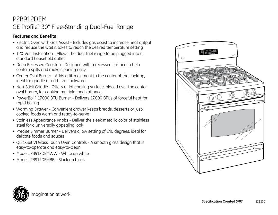 GE P2B912DEM dimensions Features and Benefits 