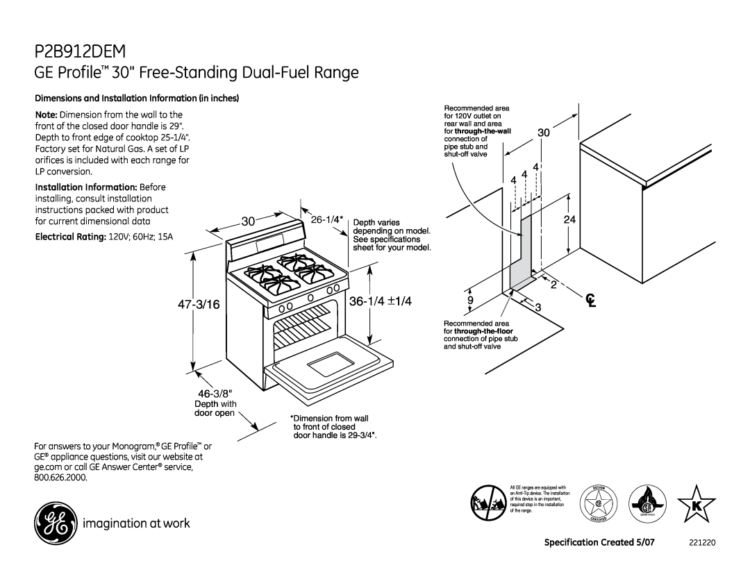 GE P2B912DEM dimensions GE Profile 30 Free-Standing Dual-Fuel Range, 46-3/8, Installation Information Before 