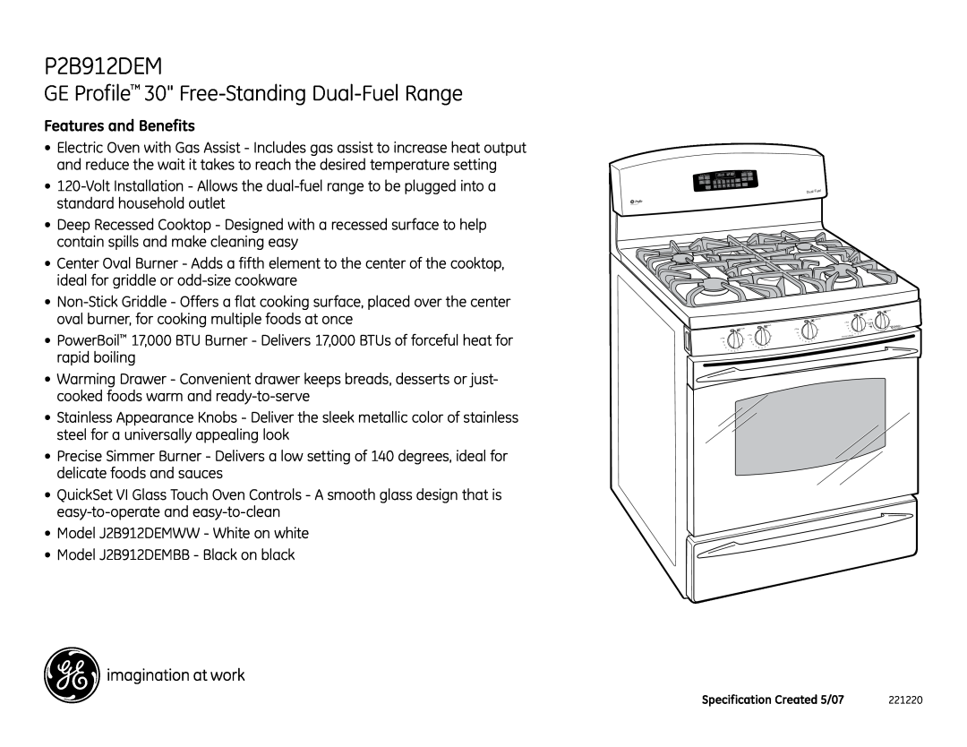 GE P2B912DEM dimensions GE Profile 30 Free-Standing Dual-Fuel Range, Features and Benefits 