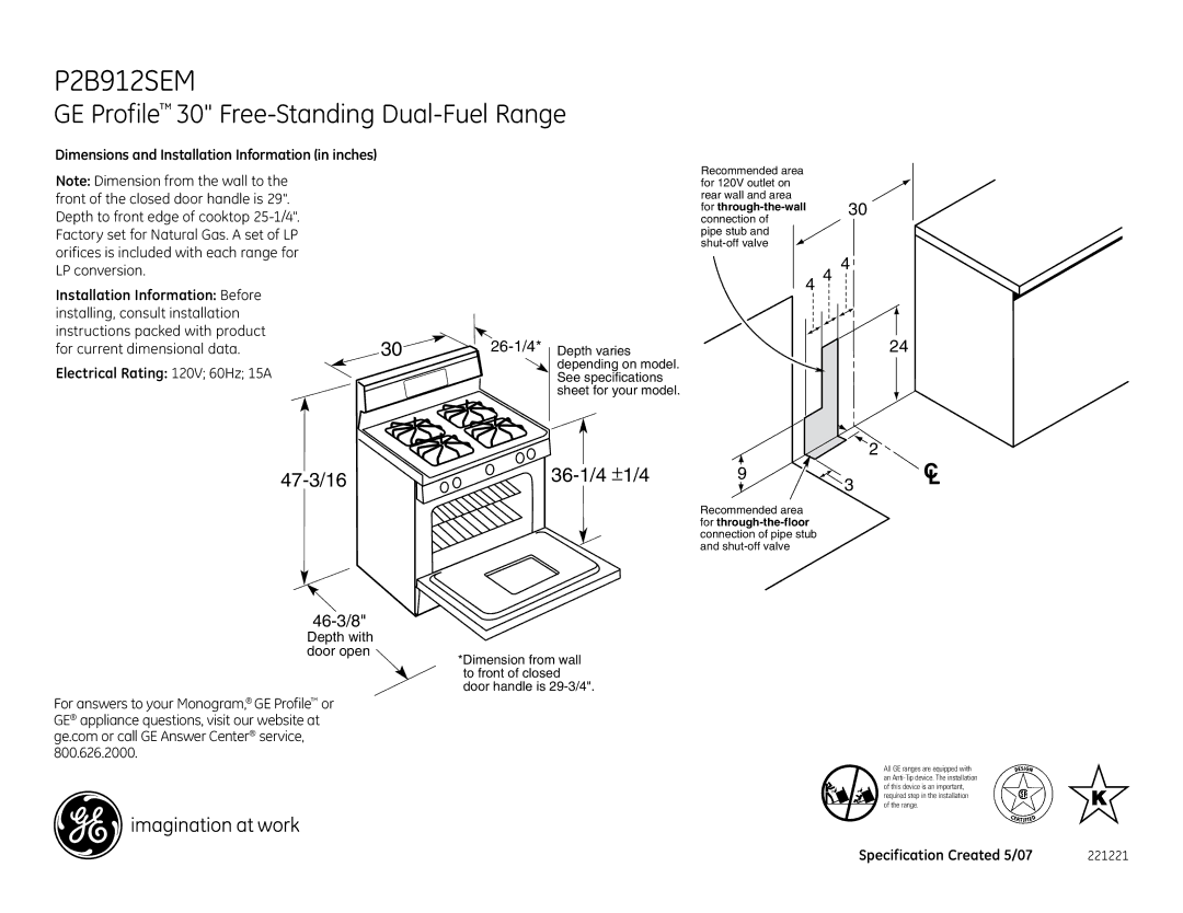 GE P2B912SEMSS dimensions GE Profile 30 Free-Standing Dual-Fuel Range, 47-3/16, 36-1/4 ±1/4, 46-3/8 