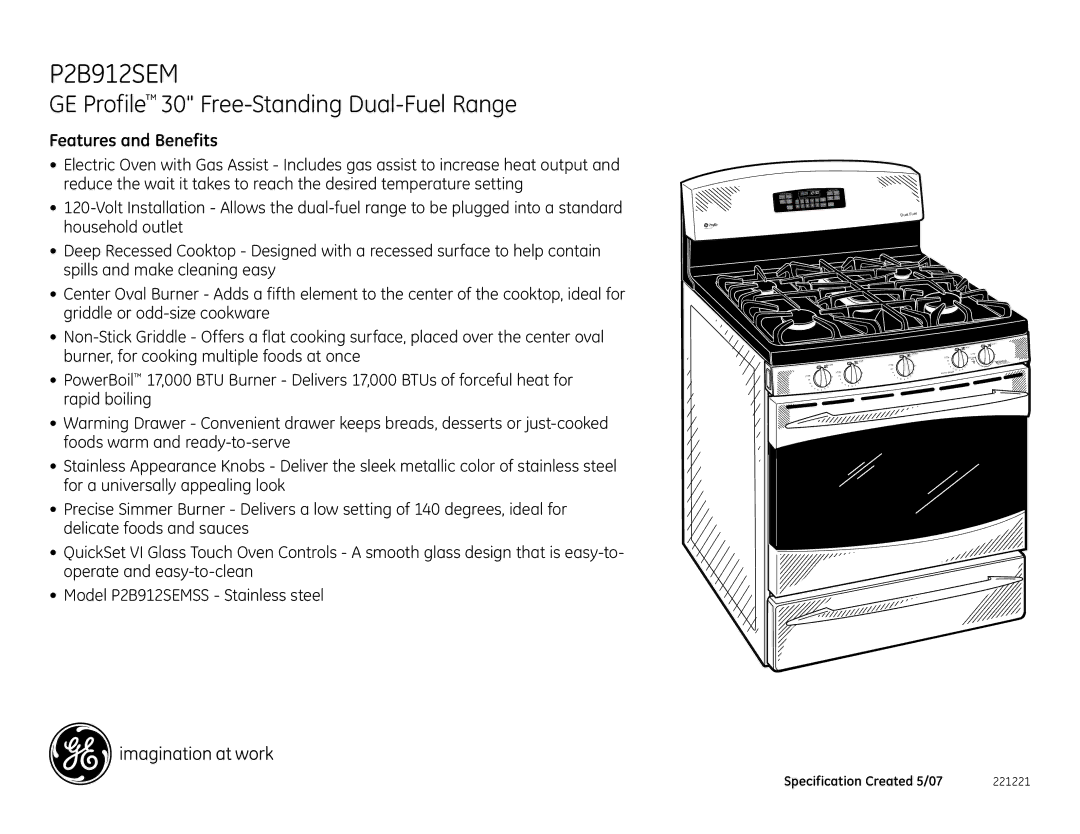 GE P2B912SEMSS dimensions Features and Benefits 