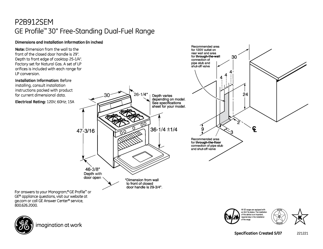 GE P2B912SEMSS dimensions GE Profile 30 Free-Standing Dual-Fuel Range, 46-3/8, Installation Information Before 
