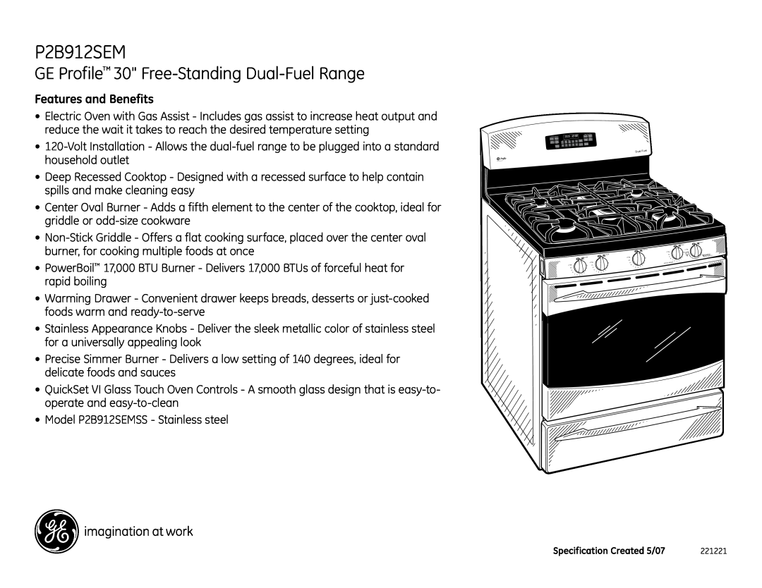 GE P2B912SEMSS dimensions GE Profile 30 Free-Standing Dual-Fuel Range, Features and Benefits 