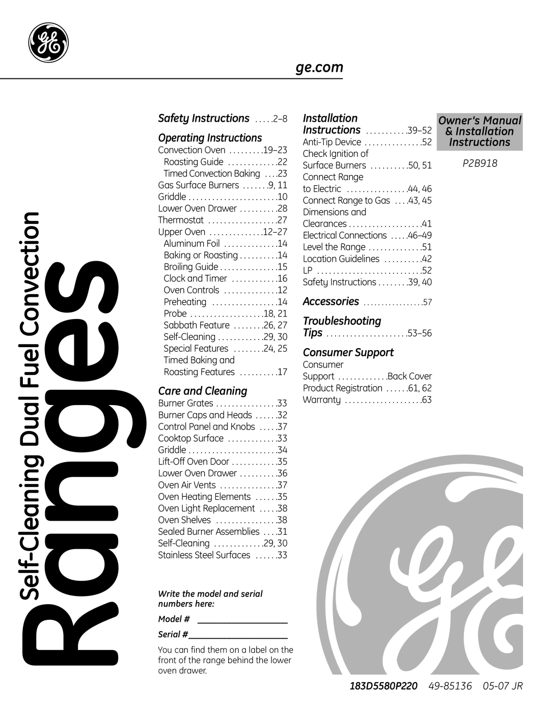 GE P2B918 installation instructions Write the model and serial numbers here Model # Serial # 