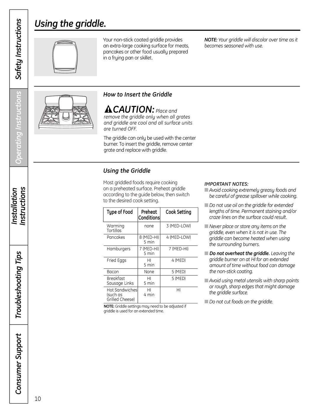 GE P2B918 Using the griddle, Operating Instructions Safety Instructions, How to Insert the Griddle, Using the Griddle 